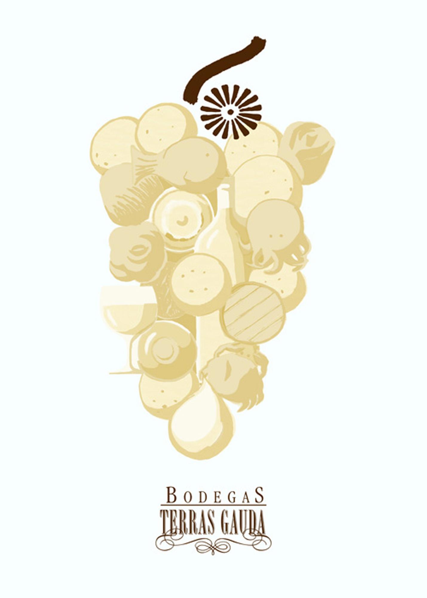 Cartel para las bodegas Terras Gauda, racimo de uvas. Cada uva es un elemento relacionado con Galicia y el vino.