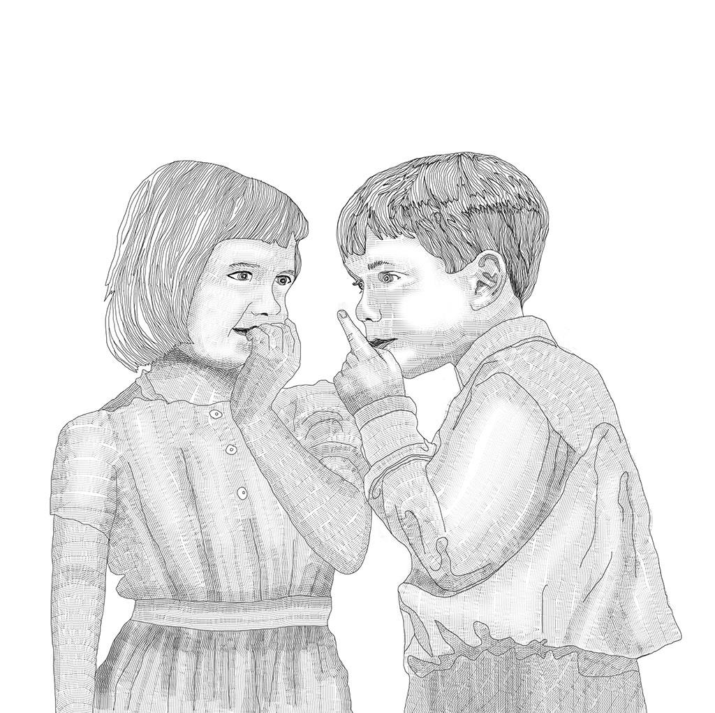 ilustracion estilo grabado antiguo de dos niños compartiendo un secreto para un cuento