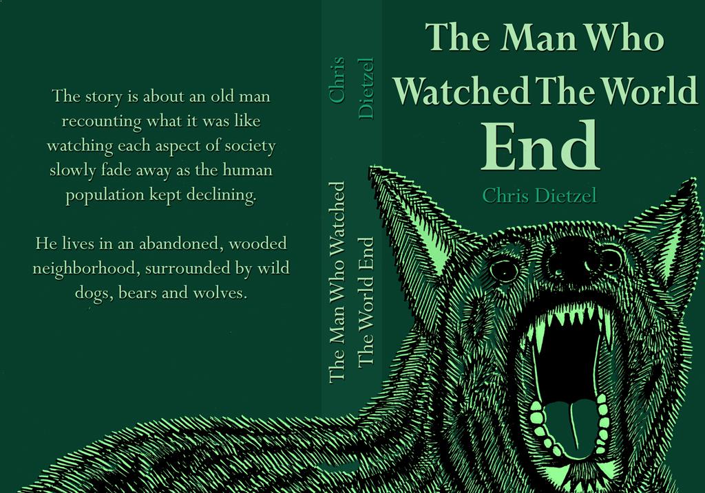 ilustracion para la cubierta de un libro sobre un hombre que se ve aislado en un paraje inhospito y atacado por perros salvajes.
