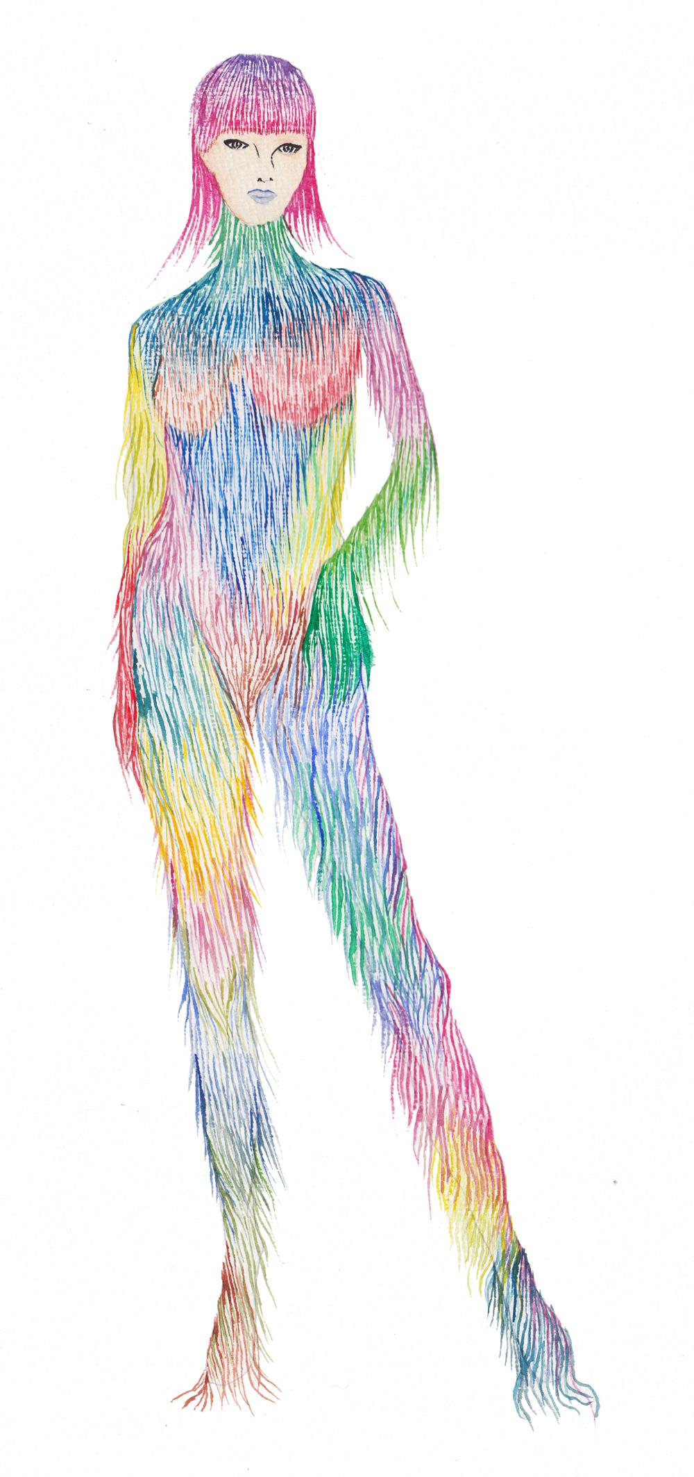 Boceto de Nueva Diosa, proyecto artistico de Barbarella Blow. Una mujer modificada genéticamente cuya piel peluda de colores adorna y abriga.
