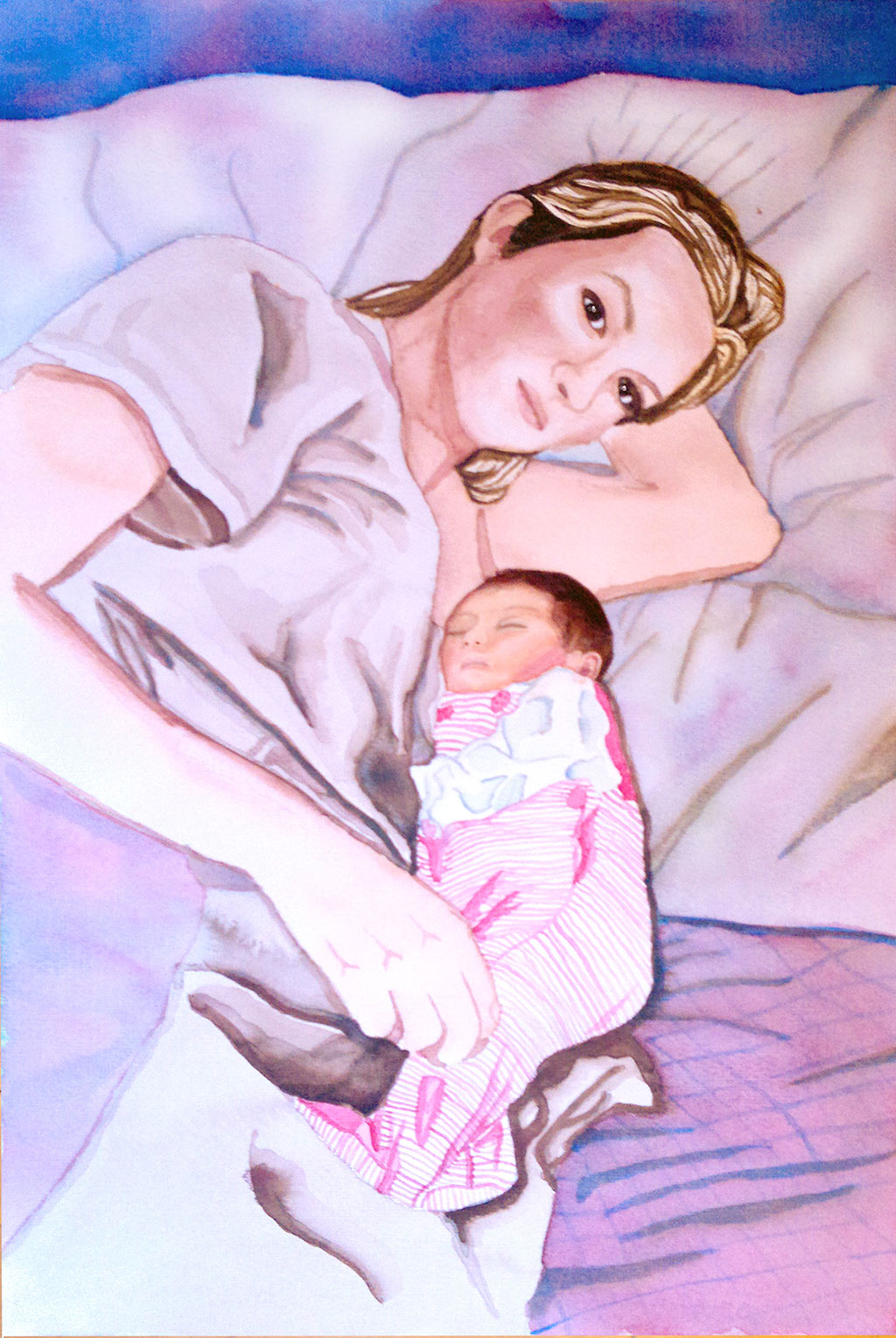 retrato-acuarela-familia-maternidad-bebe-recien-nacido